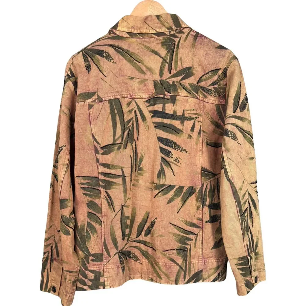 Vintage Chico's Design Jacket Denim Palm Leaf Beaded Embroidered Rust Size‎ 3/XL